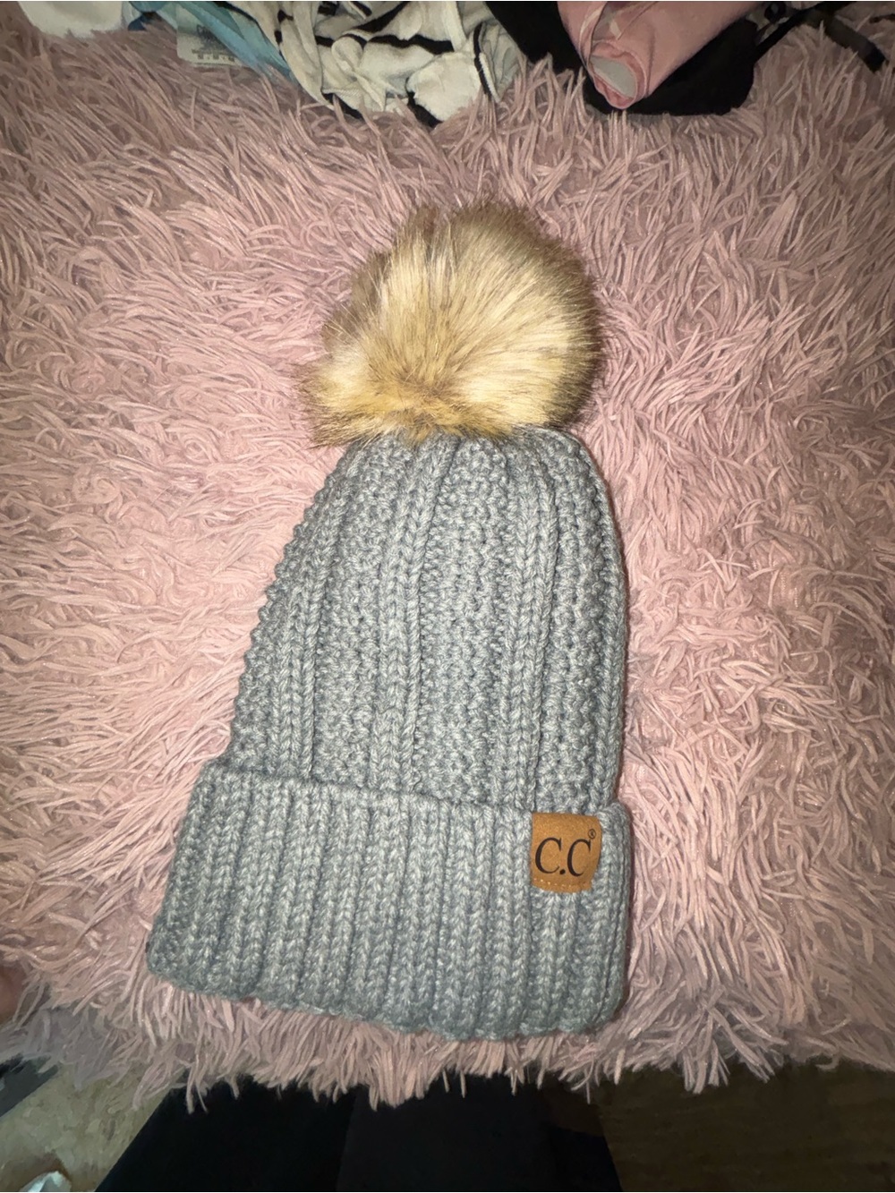 C.C Light Gray Ribbed Knit Beanie with Tan Faux Fur Pom